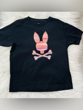 Psycho Bunny Black Tee with Multicolor Striped Bunny Skull
